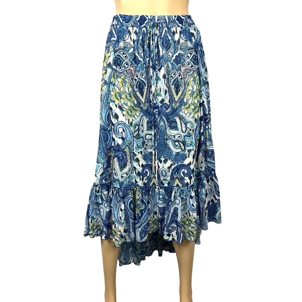 Boston Proper Beaded Boho Skirt  Size 8  High-Low Blue Paisley  Beach Cover-up